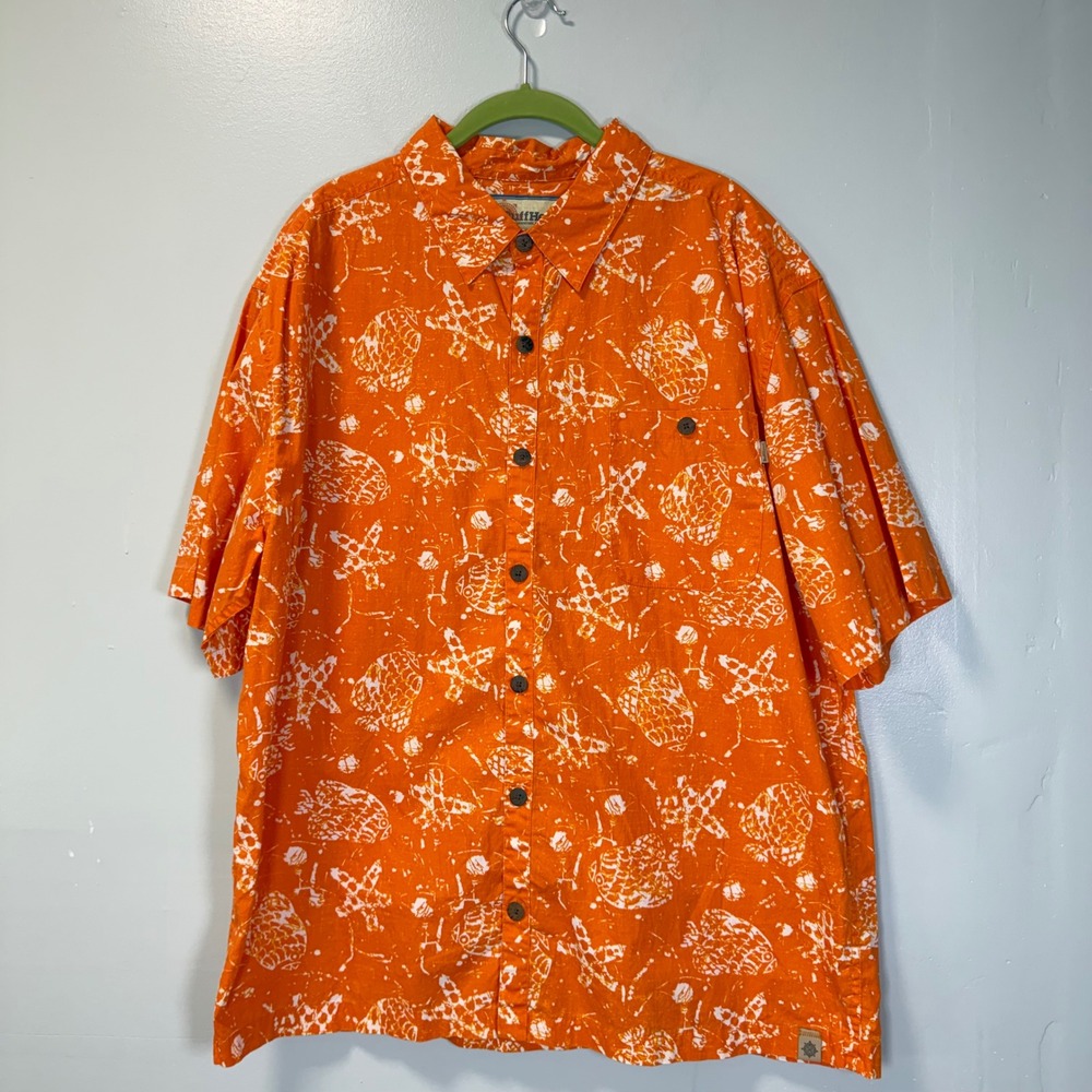 VTG RuffHewn Mens XL Orange Tropical Fish‎ Starfish Cotton Button Down Shirt